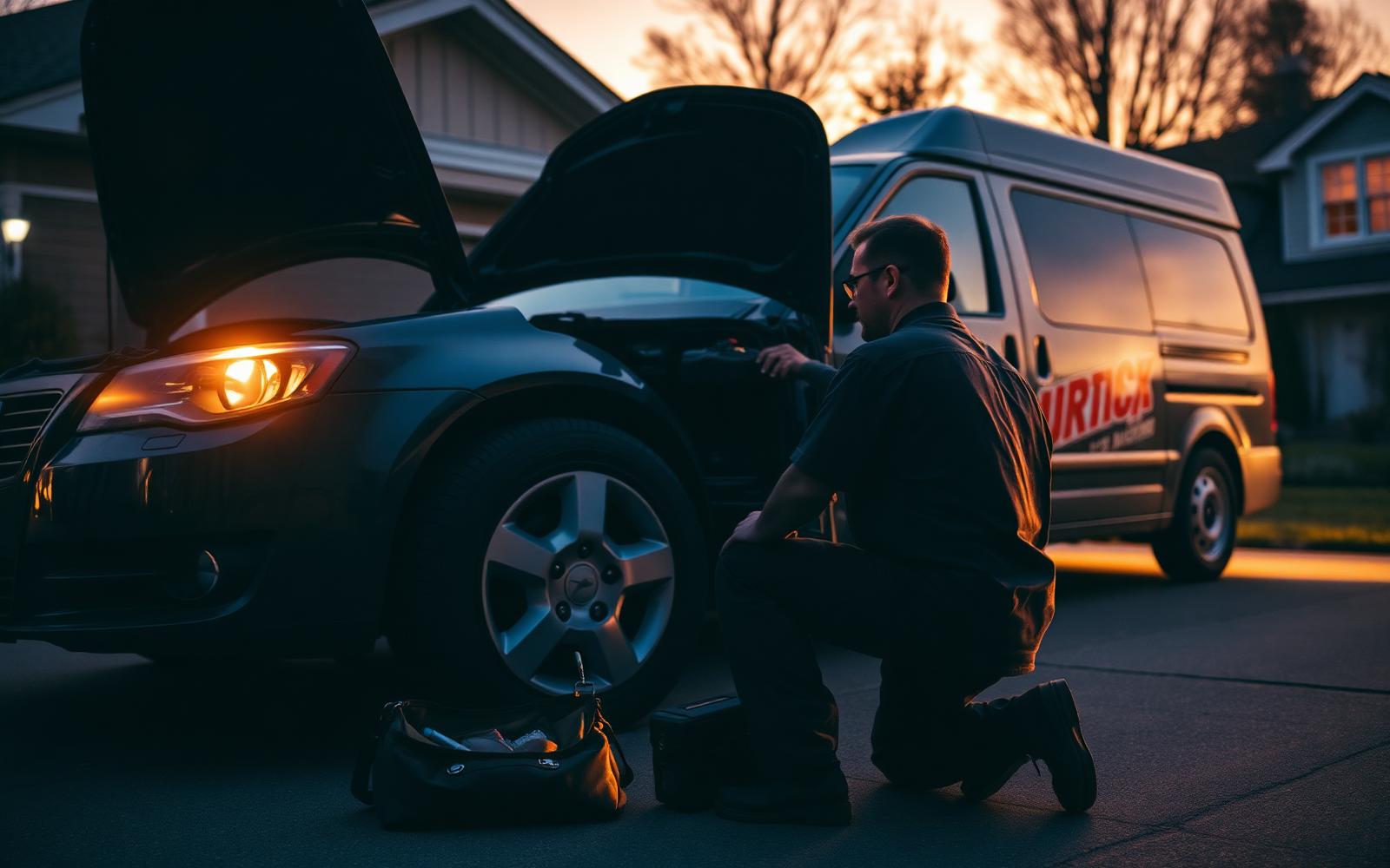 Mobile mechanic repairing a car in a driveway at dusk